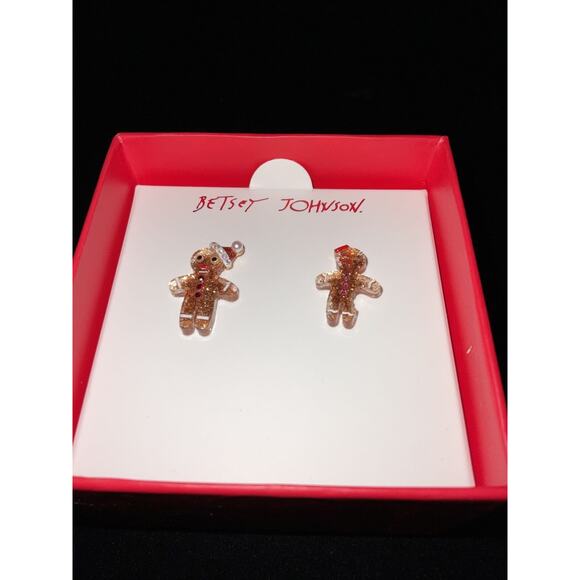 New Betsey Johnson Christmas Gingerbread Stud Earrings Sparkly Santa Hat And Bow - Picture 3 of 6